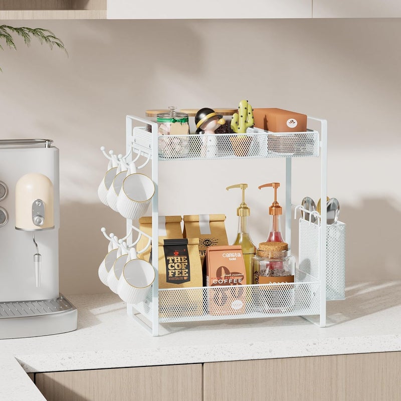 VITVITI Coffee Bar Organizer with Mug Holder, Metal Coffee Station Organizer for Countertop, 2 Tier Cup Mug Holders Rack with Basket for Kitchen Office, White - Image 3